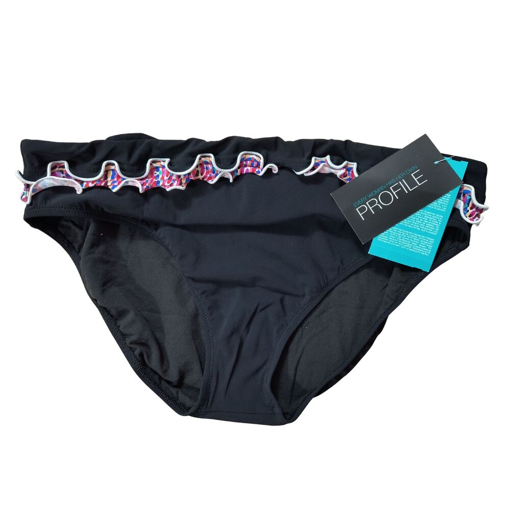 Profile By Gottex Banded Hipster Bikini Swim Bottom 14 Black Geo Multi Ruffle